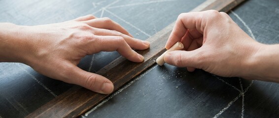 Close up of two hands using a wooden ruler and chalk to draw geometric shapes and lines on a textured dark slate or blackboard surface drawing chalkboard geometry education learning