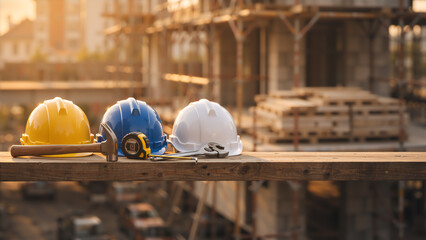 Three hard hats and construction tools on a wooden plank. Safety helmets with hammer, tape measure and wrench at a building site during sunset. Engineering and industrial project concept