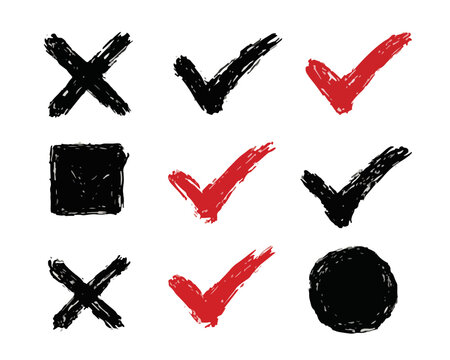 Conjunto de marcas de verificaci&oacute;n y cruces rojas y negras dibujadas a mano, sobre fondo transparente