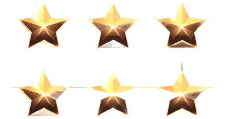 Obraz premium Seis estrellas doradas brillantes con reflejos y brillos sobre fondo blanco, aisladas.