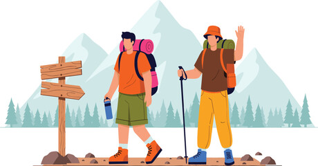 Flat vector illustration of two male hikers with backpacks and trekking poles walking on a mountain trail near a wooden signpost during summer adventure © MstRozinaAkter