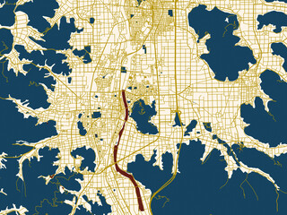 Naklejka premium Urban map of Takefu, Japan in a flat palette: warm gold street grid over a cream background with bold deep-red water areas