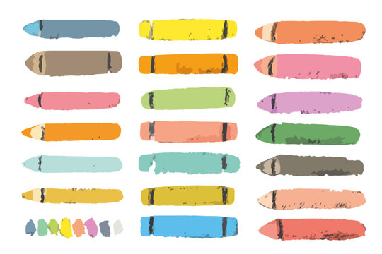 Conjunto de crayones de colores pastel dibujados a mano con textura de tiza, aislados sobre fondo transparente.