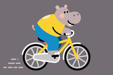 Cartoon hippopotamus riding yellow bicycle with motion lines on gray background wearing yellow shirt.