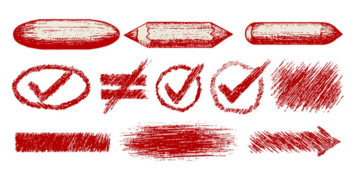 Conjunto de iconos de verificaci&oacute;n y elementos de dibujo a mano alzada en rojo sobre fondo transparente.