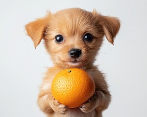 Cute puppy holding a bright orange fruit.