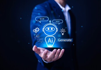 AI Chatbot Assistant or Artificial Intelligence Technology Digital Chatbot accesses intelligence technology in online networks, holographic robot applications and global connectivity.