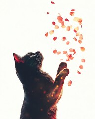 Playful black cat with floating petals.