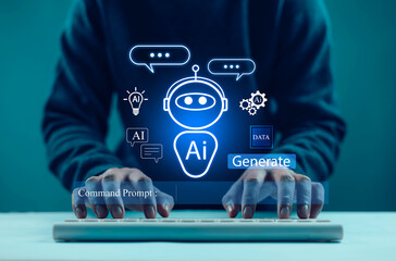 AI Chatbot Assistant or Artificial Intelligence Technology Digital Chatbot accesses intelligence technology in online networks, holographic robot applications and global connectivity.