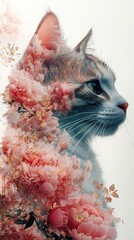 Cat profile blended with blooming flowers.