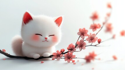 Cute white kitten resting among pink flowers.
