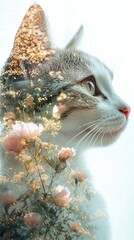 A serene cat profile with floral overlay.