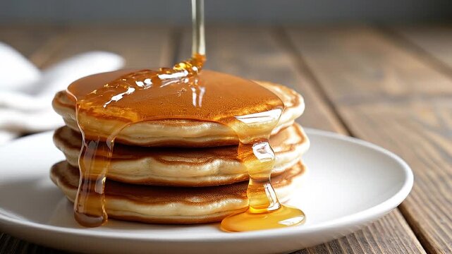 Slow motion honey drizzling onto a stack of fluffy pancakes