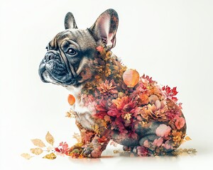 French Bulldog adorned with colorful flowers.