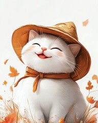 Happy cat wearing a straw hat in autumn leaves.