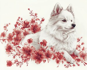 Artistic dog surrounded by beautiful flowers.