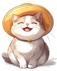 Happy cat wearing a straw hat.
