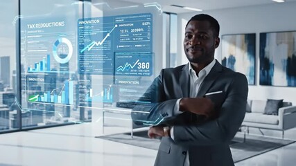 Businessman Interacting with Holographic Display - A stylish African-American businessman in a suit interacts with a holographic display showing charts, graphs, and data. - Powered by Adobe