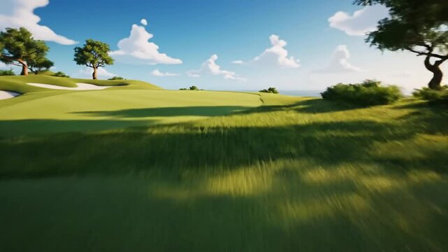 Golf course with red flag near sea.