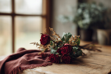 Dried red roses on a wooden table with burgundy cloth. Moody still life with soft window light, vintage aesthetic, and nostalgic romantic concept for background.