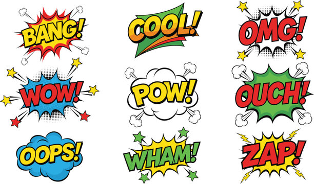 Set of comic book speech bubbles with pop art sound effects and onomatopoeia including bang wow cool pow omg ouch oops wham and zap vector.