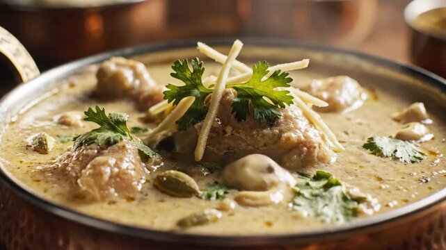Chicken Korma in Copper Bowl - A close-up shot showcases a copper bowl filled with creamy Chicken Korma, garnished with fresh cilantro and slivered ginger.