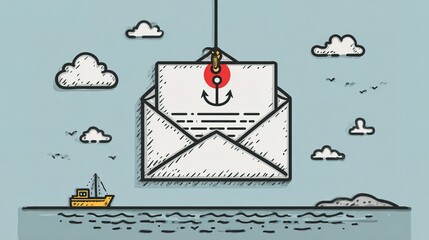 Handdrawn Style Email Phishing Scam Concept with Hook and Anchor Illustration