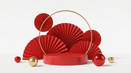 Red podium with golden arch and paper fans, surrounded by festive spheres on a white background.