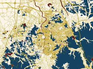 Fototapeta premium Decorative abstract map of Jeonju, Korea, Republic of, featuring warm gold street grid over a cream background with bold deep-red water areas