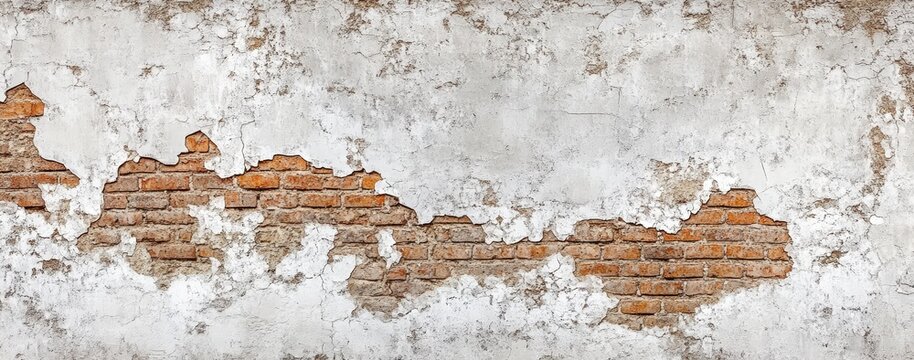 A weathered wall showing peeling paint and exposed bricks, creating a textured and rustic appearance.