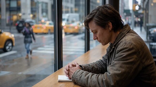 Person contemplating in cafe window with street view