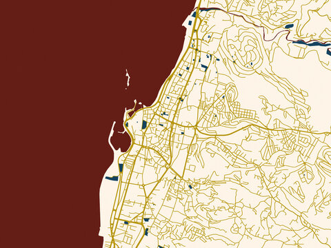 Minimalist map of Sidon, Lebanon, gold street network with deep red water