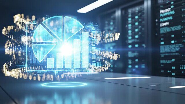 Holographic Data Analysis in Server Room - The video displays a holographic projection of a pie chart and bar graph overlaid on a futuristic server room.