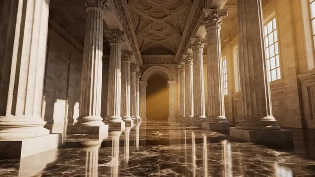 Grand Hallway with Columns  Sunlight.