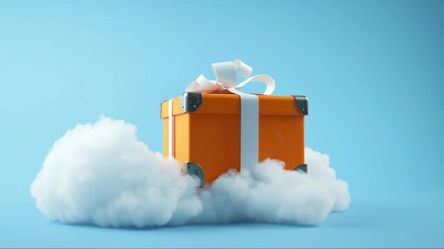 Orange gift box floating on clouds