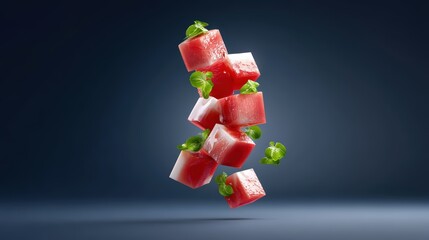 fresh watermelon juice splash explosion, dynamic liquid burst with floating chunks of watermelon and mint leaves in midair, isolated on clean dark gradient background, cinematic high-speed