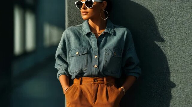 a person with their hands in their high-waisted pants pockets and dressed in double denim. stylish casual look.