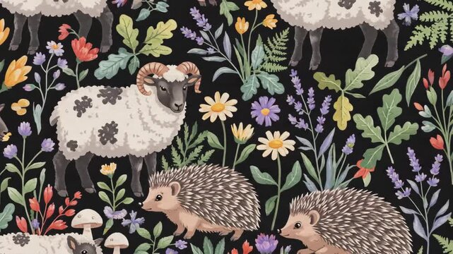 Whimsical Woodland Animals and Floral Pattern - This video showcases a delightful pattern of woodland animals, including sheep with horns and hedgehogs, interspersed with colorful wildflowers,