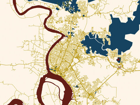 Poster-style map of MAL, Sibu using gold street network with deep red water