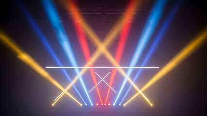 Colorful stage lights illuminate the scene with vibrant beams of light.
