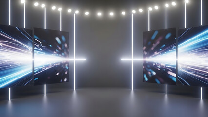 Abstract stage with glowing screens and neon lights, modern design.