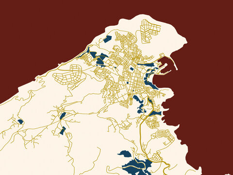 Minimalist map of Al Hoceima, Morocco, midnight red and gold palette