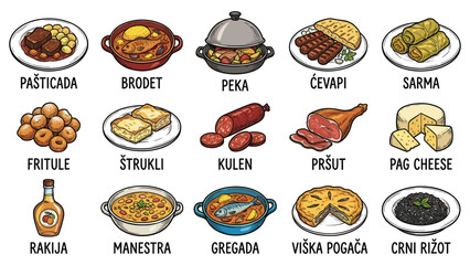 Assorted traditional dishes displayed on a clean white background