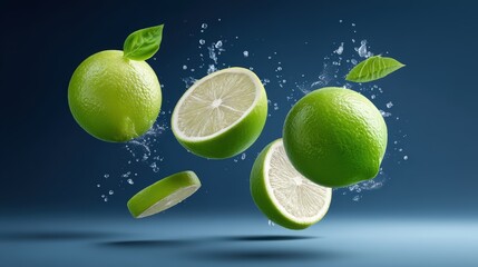 fresh lemon and lime juice splash explosion, dynamic citrus liquid burst with floating lemon and lime slices in midair, isolated on clean dark gradient background, cinematic high-speed photography