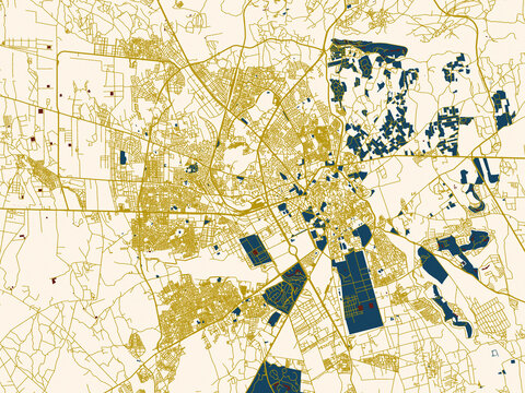 Urban map of Marrakesh, Morocco in a flat palette: deep-red water with clean ivory streets and warm gold road lines on a soft cream background