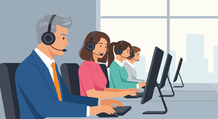 Professional customer service agents providing excellent support and communication, working diligently with headsets and computers in a modern call center office environment