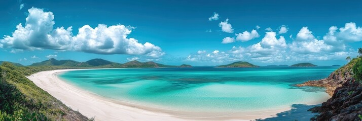 Fototapeta premium A stunning beach scene featuring turquoise waters, white sands, lush green hills, and a bright blue sky dotted with fluffy clouds.