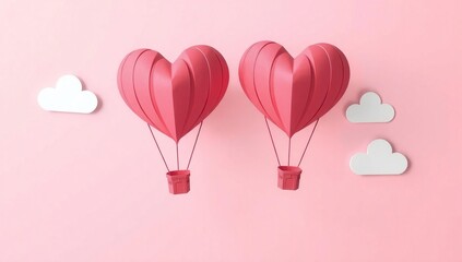 Two heart-shaped hot air balloons floating in the sky