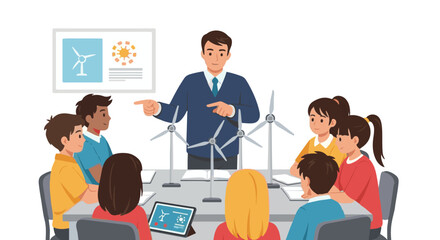 Group of children learning about renewable energy and wind turbines in a classroom setting, with a teacher explaining
