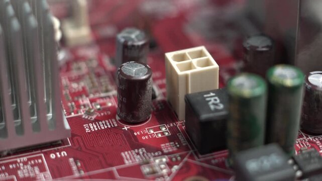 Computer Motherboard Marco Close Up. Electronic Components and Sockets